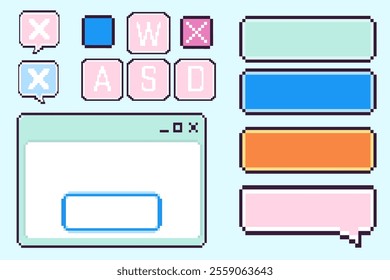 Pixel game UI elements set - control keys WASD, window frames, speech bubbles and rectangular panels in pastel pink, blue, mint and orange colors. Retro styled computer games and 8 bit applications.