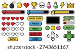 Pixel Game UI Icon Set – Retro 8 Bit Hearts, Buttons, Status Bars and Arcade Interface Elements Vector Collection