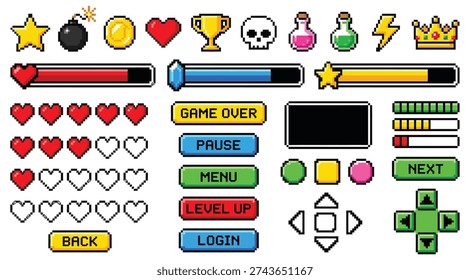 Pixel Game UI Icon Set – Retro 8 Bit Hearts, Buttons, Status Bars and Arcade Interface Elements Vector Collection
