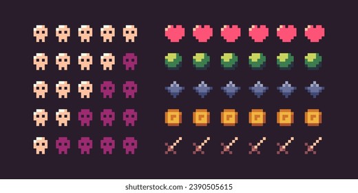 Pixel game ui icons. Retro 8 bit GUI elements, old school video game sprite graphic signs, colorful gaming bar asset. Vector isolated set