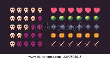 Pixel game ui icons. Retro 8 bit GUI elements, old school video game sprite graphic signs, colorful gaming bar asset. Vector isolated set