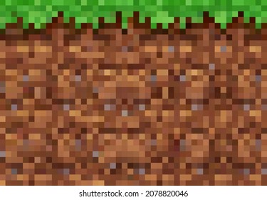 Pixel game vector background with cubic block pixel grass and ground pattern. Nature landscape scene with green grass meadow, brown soil and rocks mosaic, 8 bit arcade game level