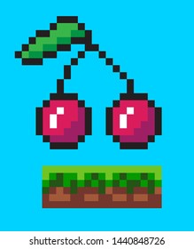 Pixel game vector, cherry on ground with grass and soil. Sweet berries on branch, foliage of plant, food and nutrition pixelated icon, flat style