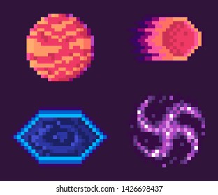 Pixel game vector, isolated planet with spots and flaming meteor falling inside, black hole celestial bodies asteroid graphics for pixelated 8 bit gaming process