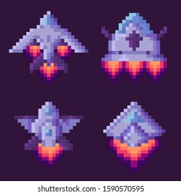 Pixel game vector, isolated set of spaceship run of fuel, outer space exploration, video gaming retro flat style. 8 Bit space ships with wings and flames, pixelated cosmic object for mobile app games
