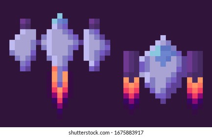 Pixel game vector, isolated set of spaceship run of fuel, outer space exploration, video gaming retro flat style. 8 Bit space ships with wings and flames, pixelated cosmic object for mobile app games