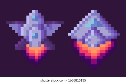 Pixel game vector, isolated set of spaceship run of fuel, outer space exploration, video gaming retro flat style. 8 Bit space ships with wings and flames, pixelated cosmic object for mobile app games