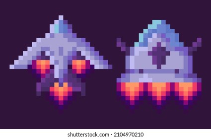 Pixel game vector, isolated set of spaceship run of fuel, outer space exploration, video gaming retro flat style. 8 Bit space ships with wings and flames, pixelated cosmic object for mobile app games