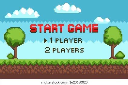 Pixel game vector, players choice 8 bit graphics of scenery for fight. Nature and sky, clouds and trees with grass, soil layers meadow, question for gamers. Pixelated video-game or app game landscape