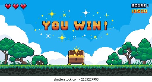 Pixel game win screen. Retro 8 bit video game interface with You Win text, computer game level up background. Vector pixel art illustration. Game screen pixel, retro video computer banner - Shutterstock ID 2155227903
