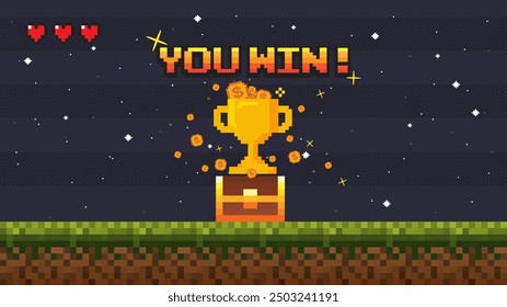 Pixel game win screen. Retro 8 bit video game interface with You Win text.You win pixel game background. video game level up background.pixel art illustration