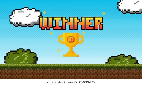 Pixel-Spiel gewinnen Bildschirm. Retro 8-Bit-Videospiel-Schnittstelle mit You Win text.winner Pixel-Spielhintergrund. Video-Spiel-Ebene nach oben Hintergrund.Pixel-Kunst-Illustration	