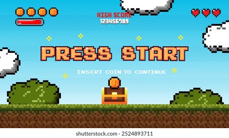 Pixel game win screen. Retro 8 bit video game interface with You Win text.winner pixel game background. video game level up background.pixel art illustration	
