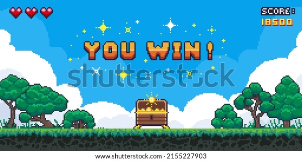 Pixel game win screen. Retro 8 bit video game\
interface with You Win text, computer game level up background.\
Vector pixel art illustration. Game screen pixel, retro video\
computer banner