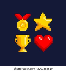 Pixel Game Winner Trophy icon set. Pixel Golden Medal, Trophy Cup, Star and Heart. 8-bit Retro game Award. Easy Editable vector