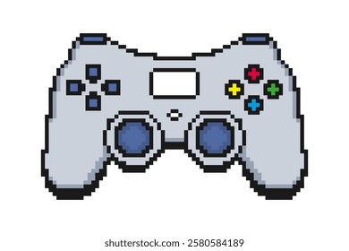 Pixel gamepad or joystick. Pixelated game controller icon with buttons and sticks. Pixel art video game joypad. Vector illustration.