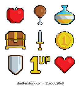 Pixel games icons. Various stylized symbols for video games. Video game 8 bit collection icons, stylization vintage pixel coin and heart illustration