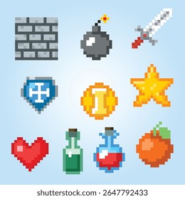 Pixel games icons, video game interface cloud app texture template geometric life level star coin potion font bitmap