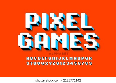 Pixel games style font design, alphabet letters and numbers vector illustration