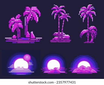 Pixel gaming clip art pack with palm trees and clouds. 8 bit vintage video game style elements set in synthwave retrofuturistic style.