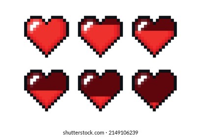 Pixel gaming life bar. Vector art 8 bit health heart bar. Game controller, a set of characters.