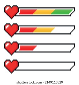 Pixel Gaming Life Bar. Vector Art 8 Bit Health Heart Bar. Game Controller, A Set Of Characters.