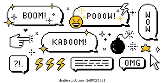 Bolhas de fala de jogos Pixel com Boom, Pow, Omg, Kaboom, Wow texto em branco bg. Retro 8 bit jogo vetor elementos, ícone de bomba, estrelas, relâmpago, ícone de dedo apontando para arcade nostálgico design digital