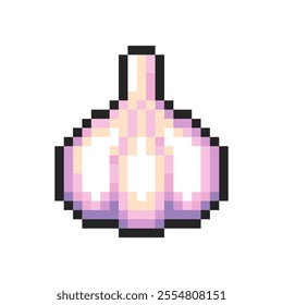 Pixel garlic isolated on transparent background. Pixelated badge, game asset or computer arcade item. Vegetable icon. Vector pixel art illustration in 16 bit old style.