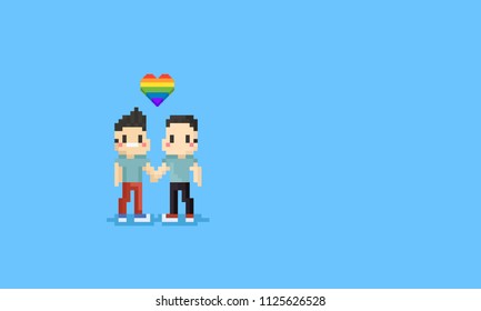 Pixel gay couple hold them hand together.LGBT.8bit character.