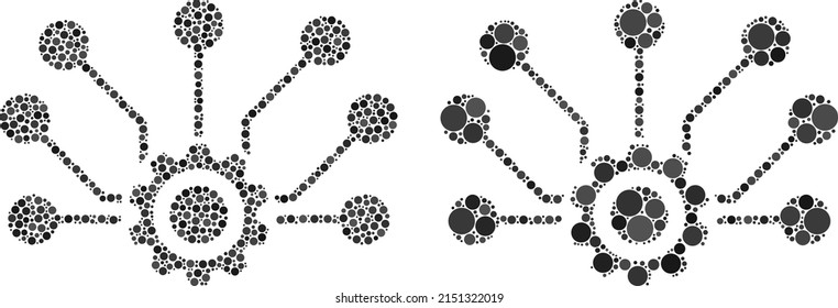 Icono de conexiones del pixel. Icono de conexiones de engranajes mosaicos unidos de elementos redondos en diferentes tamaños y variaciones de color. Los puntos de círculo vectorial se combinan en un icono de conexiones de engranajes de mosaico.