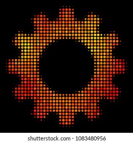Pixel gear icon. Bright pictogram in fire color variations on a black background. Vector halftone concept of gear icon combined of spheric items.