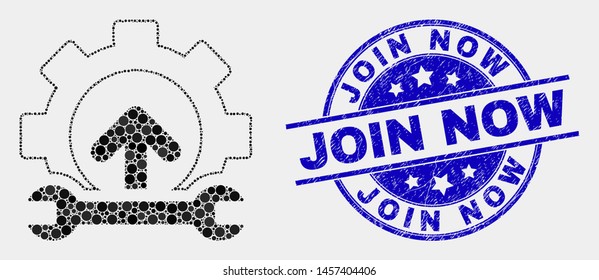 Pixel gear integration arrow mosaic pictogram and Join Now stamp. Blue vector round textured seal stamp with Join Now phrase. Vector collage in flat style.