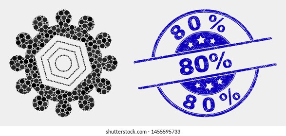 Pixel gear mosaic icon and 80% seal stamp. Blue vector round scratched stamp with 80% message. Vector collage in flat style. Black isolated gear mosaic of scattered dots, and 80% seal stamp.