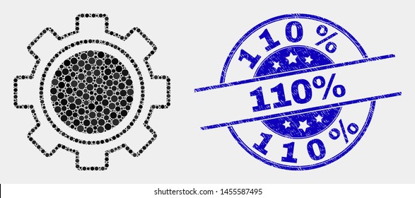 Pixel gear mosaic pictogram and 110% seal. Blue vector round distress seal stamp with 110% text. Vector combination in flat style. Black isolated gear mosaic of random spheres, and 110% imprint.