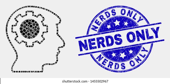 Pixel gear thinking head mosaic icon and Nerds Only seal stamp. Blue vector rounded textured seal stamp with Nerds Only message. Vector composition in flat style.