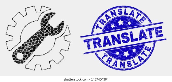 Pixel gear tools mosaic icon and Translate stamp. Blue vector rounded grunge seal stamp with Translate text. Vector combination in flat style. Black isolated gear tools mosaic of random circles,