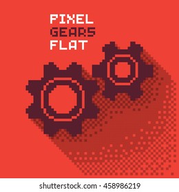 Pixel gears, cogwheels in a flat design, pixelated illustration. - Stock vector