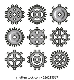 Pixel gears for games icons high detailed vector set
