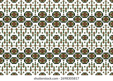 Padrão geométrico em pixels em tons terrosos de marrom, verde, vermelho e preto. Inspirado pelo bordado popular tradicional, perfeito para têxteis, impressão de tecido ou fundo digital vintage.