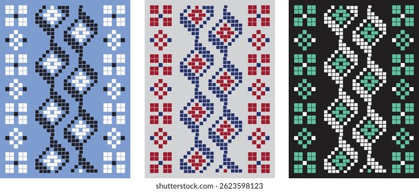 Pixel Geometric Seamless Pattern Set – Traditional Ethnic Inspired Textile Design for Fabric, Wrapping, Crafts, and Backgrounds
