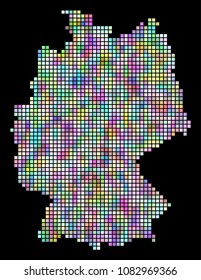 Pixel Germany map. Vector geographic map in smoothed casual colors on a black background. Vector concept of Germany map designed of regular square pixels.