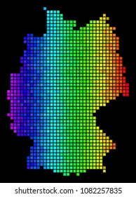 Pixel Germany Map. Vector territory map in bright spectral color tints on a black background. Abstract Germany Map mosaic is constructed of glossy rectangle spots.