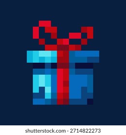 Icono de caja de regalo de píxeles con lazo rojo. Icono de juego arcade de 8 bits. Para decoraciones de temporada y diseños de vacaciones, vacaciones, juegos festivos, Sitios web.