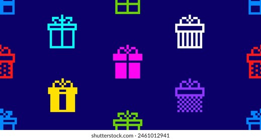 Pixel Gift Box icons on vector seamless pattern. Pixel Art Gift Box silhouette sign and pictogram in retro game style background
