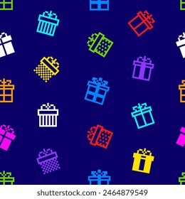 Pixel Gift Box icons on vector seamless pattern. Pixel Art Gift Box colorful silhouette sign and pictogram in retro game style background	
