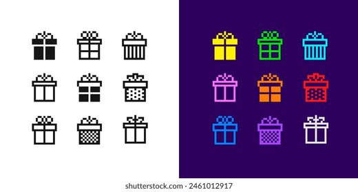 Pixel Gift Box vector icon collection amd Pop Art poster. Pixel Art Gift Box silhouette sign and pictogram in retro game style. Editable pixel graphics gift boxe icon silhouette set isolated on white