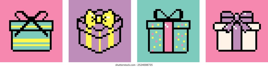 Pixel gift boxes. Present box icon. Package. Pixel art style illustration. Party, Winter holiday, Christmas, New Year decoration element. Game abstract elements. Y2k trendy playful pixelated stickers