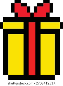 Pixel-Geschenksymbol. Geschenkbox-Zeichen. Pixel Art Icon Vektor 8 Bit Spiel. Geschenksymbol 8 Bit Zeichen. Boxen mit Schleife für ein Urlaubsgeschenk. flacher Stil.