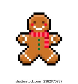 Pixel gingerbread man isolated on white background. New year cookies icon. Vector pixel art illustration of Christmas elements in 16-bit old style.