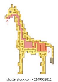 Pixel giraffe icons with simple maze inside. Educational art with digestive system of an african long neck animal perforned with square pixel design. Elegant game style labyrinth with entry and exit
